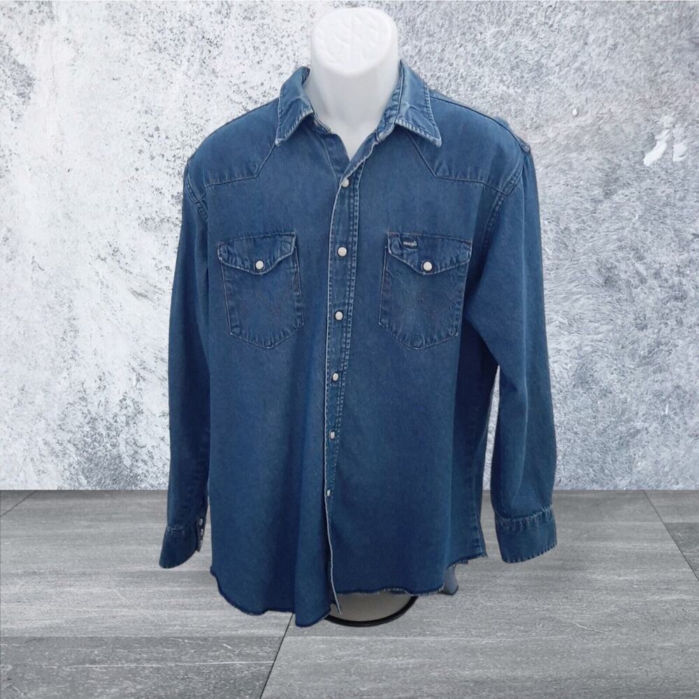 VTG Wrangler Denim Pearl Snap Western Shirt XL X-Long Tails 17 1/2 35 USA 90s - Picture 7 of 11